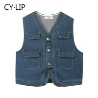 New Workwear Vest V-Neck Loose Casual White Pair Deep Blue Denim Vest Girl