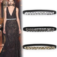 Rhinestone Elastic Belt For Women Dresses Full Crystal Gem Black Waist Belt For Coats Down