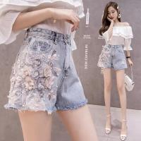 Streetwear Women Luxurious 3D Floral Lace Jeans Shorts Female High Waist 2021 Summer Fashion Designer Wide Leg Denim Shorts