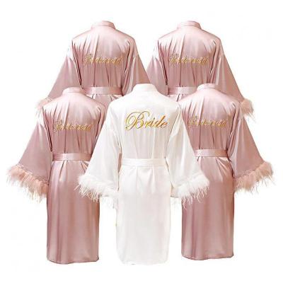 2021 New Women FEATHER Bride Bridesmaid Wedding Robe Satin Kimono Bathrobe Gown Nightwear Embroidery Letter Nightgown Lingerie