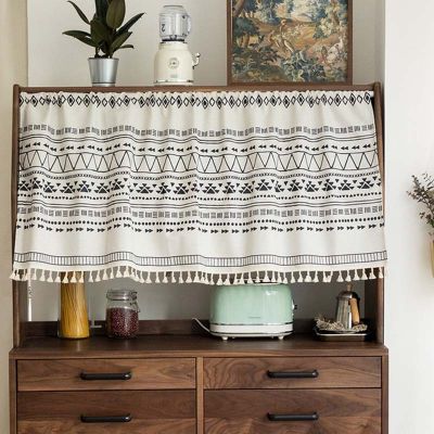 Mcao Short Curtain Cafe Kitchen Window Blackout Boho Geometric Drape Cotton &amp; Linen Tassel White for Bathroom Cabinet 1pc TJ3775