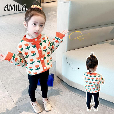 AMILA เสื้อกันหนาวเด็กผู้หญิงเสื้อกันหนาวเสื้อคาร์ดิแกนเสื้อแจ็คเก็ตเด็ก Tulip พิมพ์แจ็คเก็ตขนแกะถักหนา