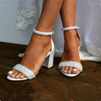 Summer rhinestone thick-heeled high-heeled white bridal wedding sandals pearl large size banquet dress all-match women’s shoes