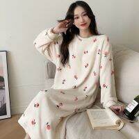 2022 Winter Long Sleeve Thick Warm Flannel Print Nightgowns for Women Korean Loose Coral Velvet Sleepwear Night Dress Nightdress