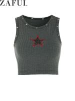 ZAFUL Womens Star Studded Fishnet Panel Embroidered Ribbed Crop Tank Top