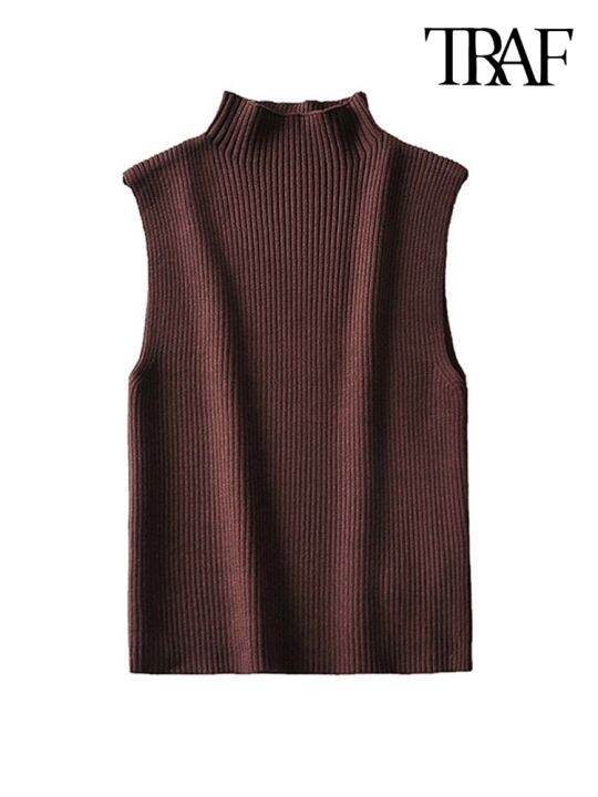 traf-women-fashion-fitted-basic-ribbed-knit-tank-tops-vintage-high-neck-sleeveless-female-camis-chic-vest-top-mujer