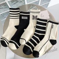 【hot sale】✱✔ D19 Spring and autumn monochrome striped black and white lettered socks in womens tube socks ins simple fashion stockings