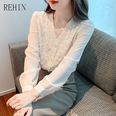 REHIN ผู้หญิงฤดูใบไม้ร่วงใหม่ Hepburn สไตล์ Light ผู้ใหญ่ V คอโคมไฟแขนยาวเสื้อแขนยาวสามมิติดอกไม้ Elegant เสื้อ