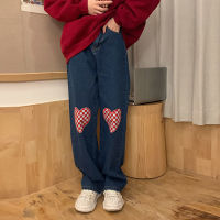 Casual Street Vintage Love Plaid Print High Waist Straight Washed Jeans Autumn Winter Sweet Girls Denim Pants Women Clothing