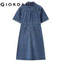 GIORDANO Women Dresses Multi-Pocket Short Sleeve Summer Denim Dresses Shirt Collar Cotton Fashion Casual Denim Dresses 18463716TH