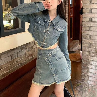❒✒✶ Y2k Clothes Goth Denim Vintage Skirt Suits High Waisted Casual Fashion Two Piece Sets Women Streetwear Hip Hop Cargo Coat Suits