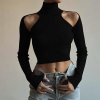 Spot parcel post2022 European and American Hot Girl Wind Black Turtleneck Long Sleeve off-Shoulder Sweater Basic Solid Color Slim Slimming Short Top Winter