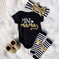 New 0-18M Baby Girl Bodysuit Girls Letter Short Sleeve Striped Heart Leg Warmer Headband Outfits Newborn 3pcs Kids Clothes Set