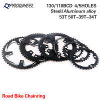 PROWHEEL แผนที่ Chainrings 34/39/50/53T อลูมิเนียมเฟืองเหล็ก130/110BCD AL-7075 CNC 8/9/10/11S จักรยานถนนล้อจักรยาน