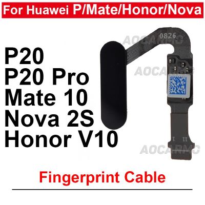 สายเคเบิลแบบยืดหยุ่นเซนเซอร์ปุ่มลายนิ้วมือสีน้ำเงินดำเงินสำหรับ P20 Pro Mate 10 Nova 2S ชิ้นส่วนซ่อมแซมดั้งเดิม V10 Honor