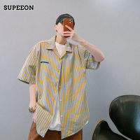 SUPEEON丨เสื้อเชิ้ตแขนสั้นลายขวางสำหรับผู้ชาย,เสื้อเชิ้ตแขนลำลองขาสั้นทรงหลวม