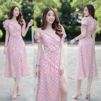 M20-300 Dress เดรสคอเหลี่ยมแขนสั้น แต่งปลายแขนจั้ม ผ้าไหมอิตาลี่ พิมพ์ลายดอก