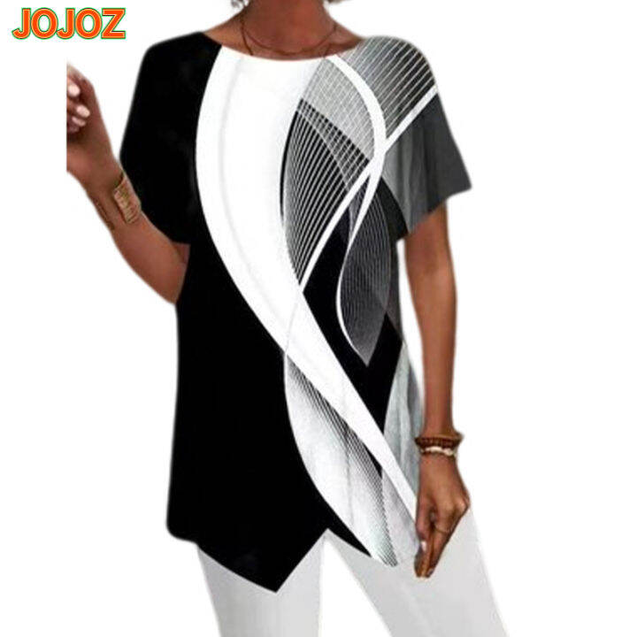 jojoz-เสื้อยืดผู้หญิงขนาดใหญ่พิเศษเสื้อสวมหัวทรงหลวมลำลองพิมพ์ลายเรขาคณิตฤดูร้อนแขนสั้นเสื้อดีไซน์ใหม่