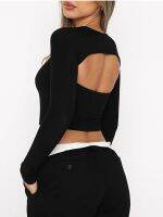 Women Long Sleeve Cutout Tees Crop Tops Casual Fashion Solid Color Backless Slim Fit Short