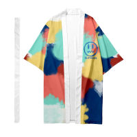 Mens Japanese traditional ethnic long kimono cardigan Male samurai kimono tie-dye smiley pattern kimono shirt Yukata jacket