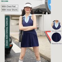 Lady Outdoor Cooling Badminton Dresses Sleeveless Polo V-neck Tennis Dress Sets Girl High Waist Anti-light Skirt with Chest Pad