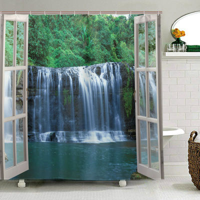 Wide Waterfall Deep Down in The Forest Seen from A City Window Epic Surreal Decor Shower Curtains Landscape Bathroom Curtain Set