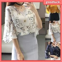 COD DSFERTRETRE ✤NSLYQ✤Office Lady Fashion Flower Print Half Flare Sleeve V Neck Chiffon Blouse Shirt