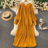 Vintage Pleated Chiffon Long Dress Women Casual Solid PinkGreenRed O-Neck Draped Slim Vacation Vestidos Autumn Robe 2020 New