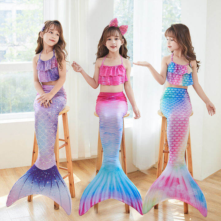 Children's Costume Mermaid Tail Swimwear Set 3-in-1 Top, Bikini & Tail ...