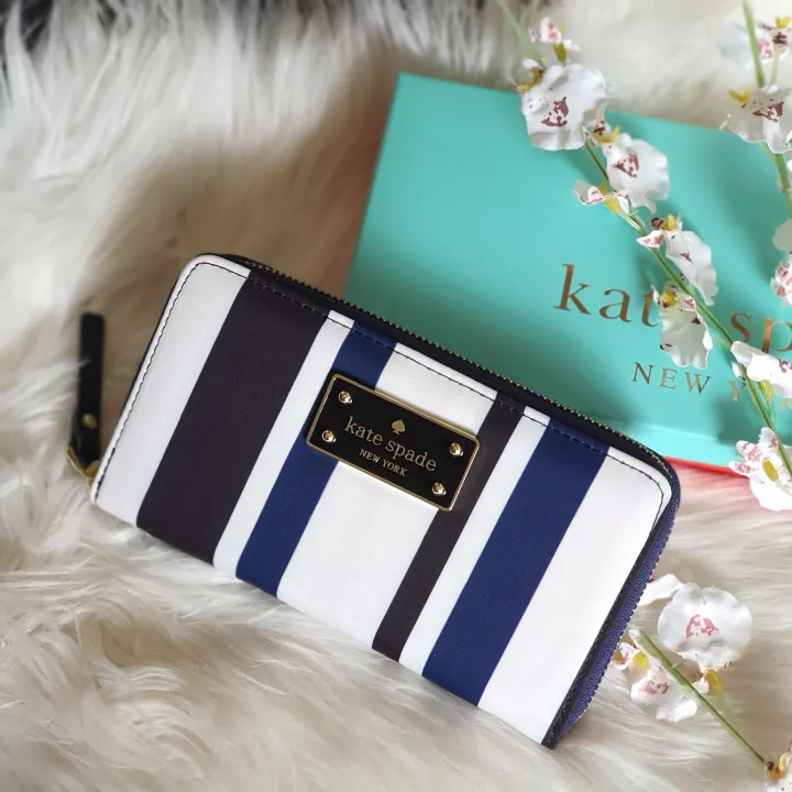 Original Kate Spade Wilson Road Neda White/Black/Blue Vertical Stripes  Design Women's Zip Around Continental Wallet | Lazada PH