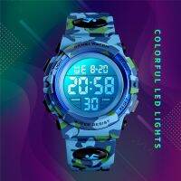 SKMEI Kids Digital Sports Watch Fashion Camouflage PU Strap Colorfully LED Light Chronograph Wristwatch 50m Waterproof