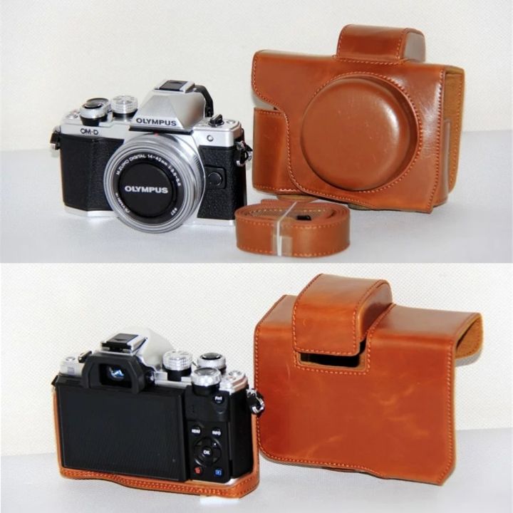 กระเป๋ากล้องเคสหนัง-pu-สำหรับ-olympus-om-d-e-m10-mark-ii-ii-em10iii-em10ii-เลนส์14-42มม-พร้อมที่-tali-bahu