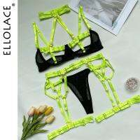 ZZOOI Ellolace Female Lingerie Sexy Costume Hollow Out Bandage Halter Bra Thongs With Belt Stocking Neon You Can See Underwear