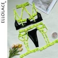 Ellolace Female Lingerie Porn Sexy Costume Hollow Out Bandage Halter Bra Thongs With Belt Stocking Neon You Can See Underwear