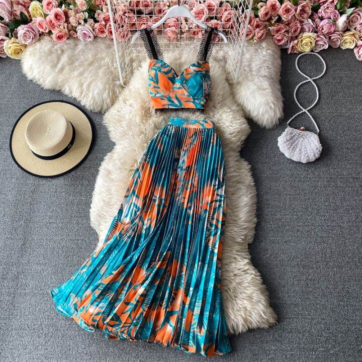 bohemian-vacation-beach-2pcs-set-women-floral-printed-short-strapless-tops-and-high-waist-pleated-long-skirt-suit-spring-summer-full-skirt