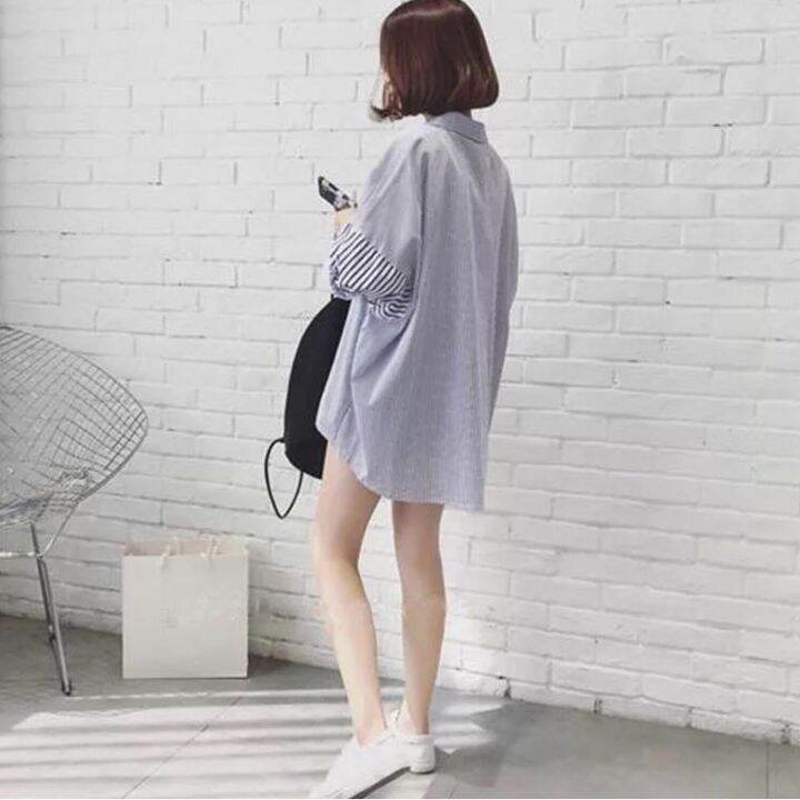 พร้อมส่ง-เสื้อเชิ้ตแขนยาวลายทาง-โอเวอร์ไซส์-คอปก-เสื้อเชิ้ตผู้หญิง-คลุมกันแดด-เชิ้ตยาวเกาหลี