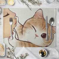 Cartoon Cat Placemat Cotton Linen Table Mat Kawaii Cats Animal Pattern Place Mats for Children Kids Kitchen Dinning Coaster Pad