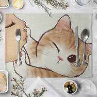 การ์ตูนแมว Placemat ผ้าฝ้ายผ้าลินินตาราง Kawaii แมวสัตว์แบบเสื่อสถานที่สำหรับเด็กเด็กครัวรับประทานอาหารรถไฟเหาะ Pad