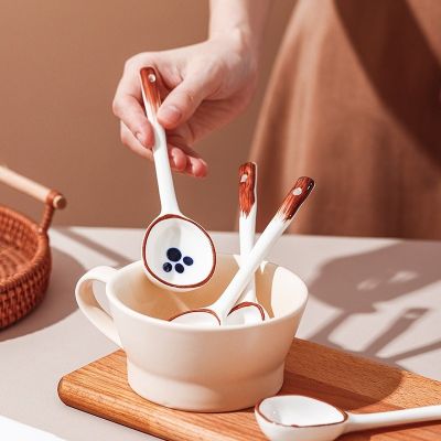 ✠♣☼ 2pcs Ceramic Spoon Rice Spoon Cartoon Cute Soup Spoon Household Tableware Long Handle Spoon