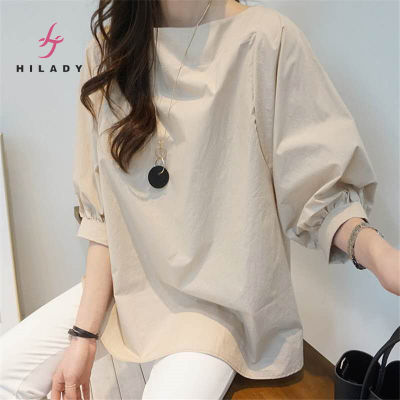 HILADY เสื้อเบลาส์แขนสั้นผู้หญิง,เสื้อลำลองแขนพองสีทึบเรียบง่ายอเนกประสงค์