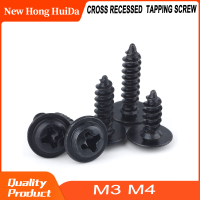 M4 Phillis Cross เครื่องซักผ้าแบบฝังหัวกระทะ Self Tapping สกรูเกลียวเมตริก Wafe หัวกลม Bolt เหล็กสีดำ