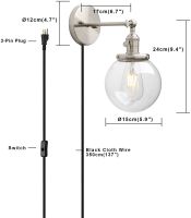 Permo 1-Light Plug in OnOff Switch Wall Sconce with Mini 5.9" Round Globe Clear Glass Shade Vintage Industrial Wall lamp Light