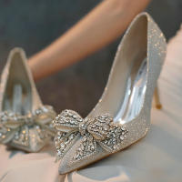 Luxury Wedding Shoes 2023 New Silver Rhinestone Bow Sequined High Heels Female Stiletto Bridal Shoes