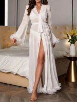 Sheer Tulle Perspective V neck layered Floor Robe Sleepwear