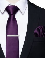 ♕ Dark Purple Solid Mens Tie with Pocket Square Clip Set Classic Luxury Silk Necktie for Man Accessories corbatas para hombre