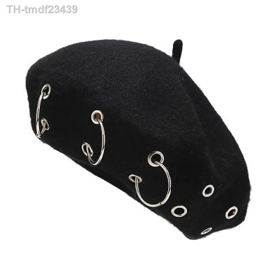 ▦ↂ Fashion Berets girl Punk Iron Rings Beret Caps Wool Hats Woolen Painter