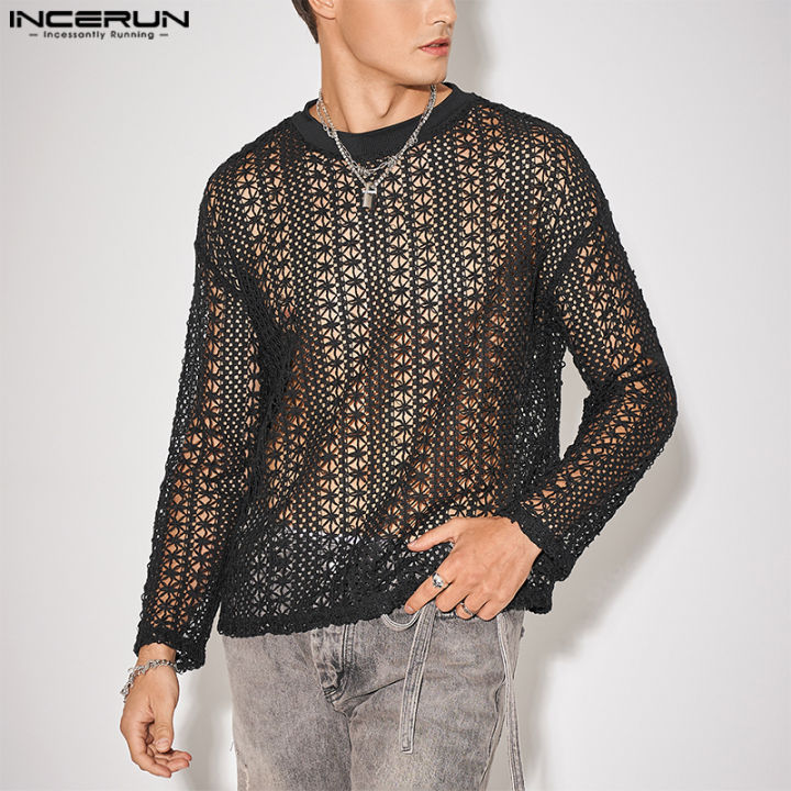 incerun-เสื้อถักลูกไม้สไตล์เรโทรสำหรับผู้ชายเสื้อแขนยาวคอกลมเสื้อใส่เดินชายหาดเสื้อลำลอง-สไตล์ตะวันตก