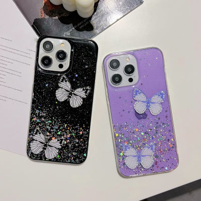 INEATER เคสครอบโทรศัพท์ใสรูปฝีเสื้อกลิตเตอร์สำหรับ iPhone 14 Pro Max 11สำหรับ iPhone 13 Pro 12แบบนิ่ม