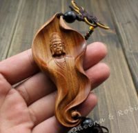 Chinese Knot Wood Carving Leaf Guan Kwan Yin Buddha Statue Car Pendant Amulet