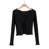 Joinyouth Cropped Cardigan Korean Sweater Women Ruffles Bandage Tops Long Sleeve Knit Cardigans Vintage Striped Ladies Sweaters